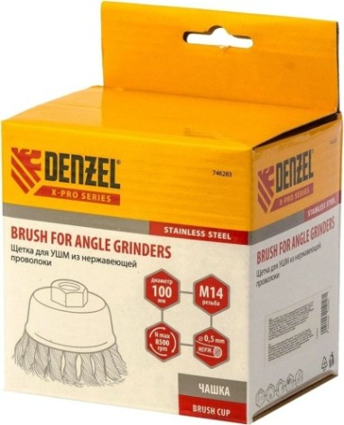 Щетка для УШМ Denzel 746 283 100 мм, м14, чашка, крученая нерж. проволока 0,5 [746283]