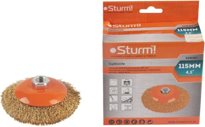 Щетка для УШМ Sturm 5 240 301 м14, d115мм, латунированная волнистая проволока [5240301]