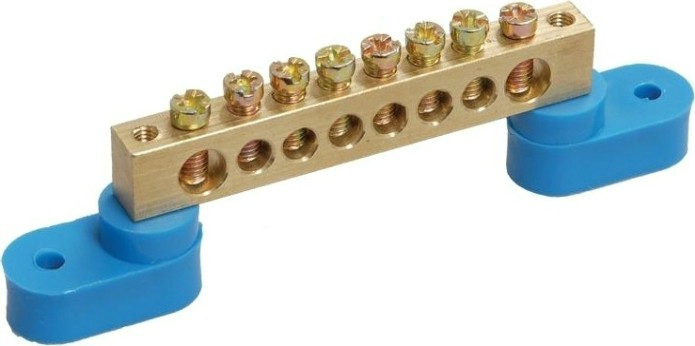 Шина REXANT 11-2326 «N» нулевая 6х9 мм на двух угловых синих изолятора