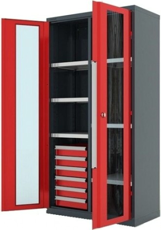 Шкаф инструментальный FERRUM "Premium" 1000х500х1950 h двери со стеклом, перегор 6 пол, 6 ящ RAL7016\3000 [13.2662]