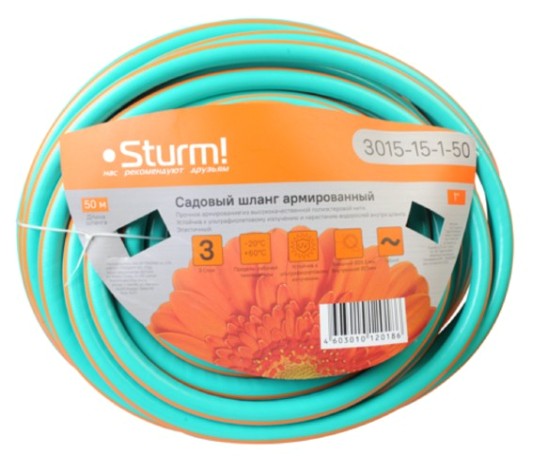 Шланг для полива Sturm 3015-15-1-50 1" 50м оран+мятн,армир,прочн.,эласт.,3х сл