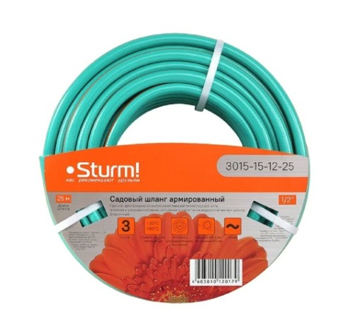 Шланг для полива Sturm 3015-15-12-25 1/2" 25м оран+мятн,армир,прочн.,эласт.,3х сл Шланг для полива Sturm 3015-15-12-25 1/2" 25м оран+мятн,армир,прочн.,эласт.,3х сл