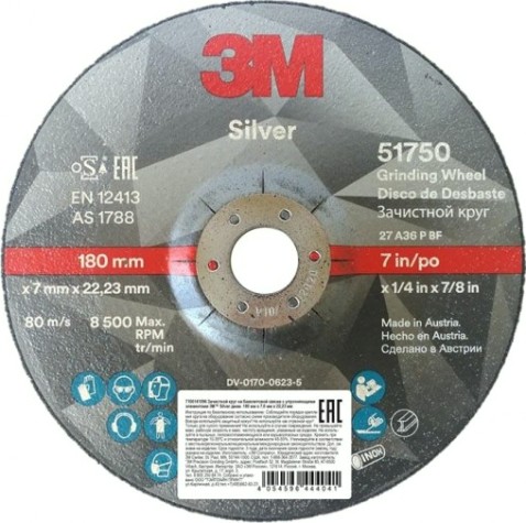 Шлифовальный круг по металлу 3M Silver 51750 т27 180 ммх7 ммх22,23 мм, 1 шт [7100141096]