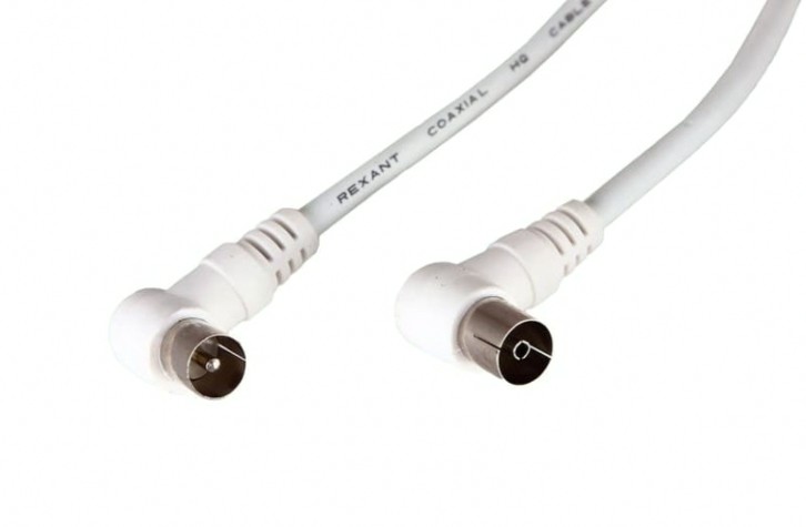 Шнур REXANT 18-0022 ТВ гнездо-ТВ штекер, угловой, 1,5м, белый