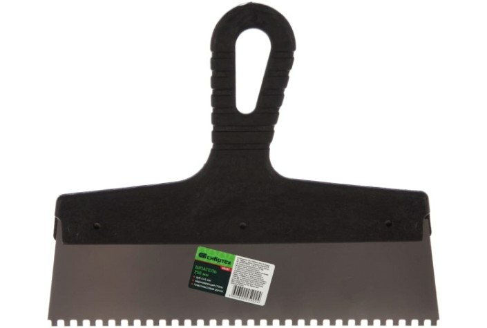 Шпатель СИБРТЕХ 250 мм, зуб 4х4 мм из нержавеющей стали, пластмассовая ручка// [85457]