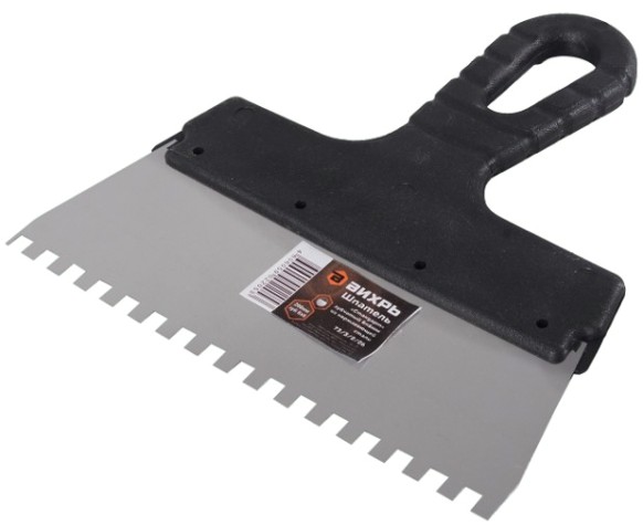 Шпатель ВИХРЬ 200мм зубчатый нерж.сталь пластиковая рукоятка 6х6 мм, [73/3/2/26]