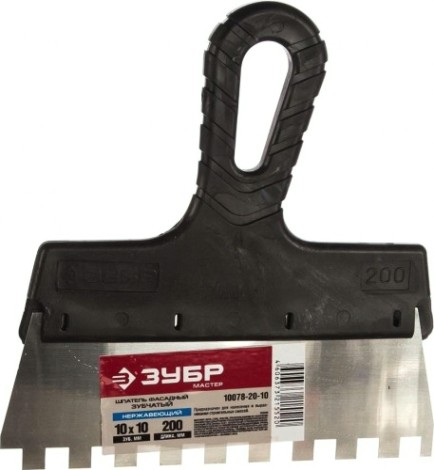 Шпатель ЗУБР МАСТЕР фасадный, нержавеющее полотно, 200мм, зуб 10х10мм [10078-20-10]