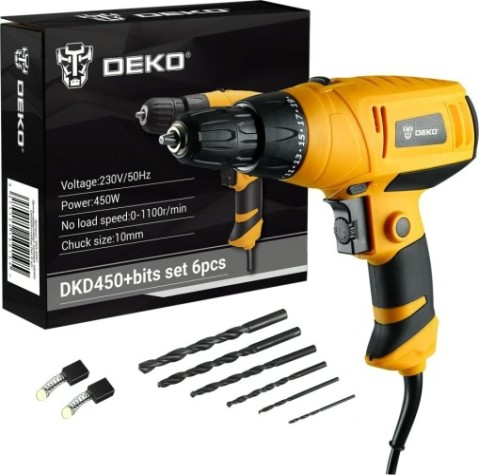 Шуруповерт сетевой DEKO DKD450 набор бит 6 шт. [063-4281]