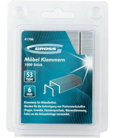 Скоба GROSS 41706 6 мм, для мебельного степлера, тип 53, 1000 шт. Скоба GROSS 41706 6 мм, для мебельного степлера, тип 53, 1000 шт.