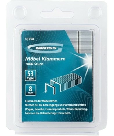 Скоба GROSS 41708 8 мм для мебельного степлера, усиленные, тип 53 1000 шт. [41708]