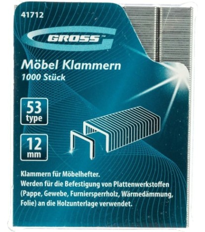 Скоба GROSS 41712 12 мм, для мебельного степлера, тип 53, 1000 шт. Скоба GROSS 41712 12 мм, для мебельного степлера, тип 53, 1000 шт.
