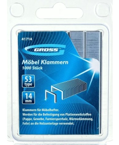 Скоба GROSS 41714 14 мм, для мебельного степлера, тип 53, 1000 шт. Скоба GROSS 41714 14 мм, для мебельного степлера, тип 53, 1000 шт.