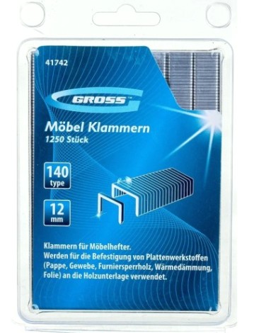 Скоба GROSS 41742 12 мм, для мебельного степлера, тип 140, 1250 шт.