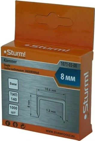 Скоба Sturm 1071-03-08 1000шт., оцинкованные, закаленные Скоба Sturm 1071-03-08 1000шт., оцинкованные, закаленные