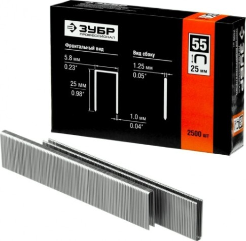 Скоба ЗУБР МАСТЕР 25 мм для степлера тонкие, широкие тип 55, 2500 шт [31855-25]