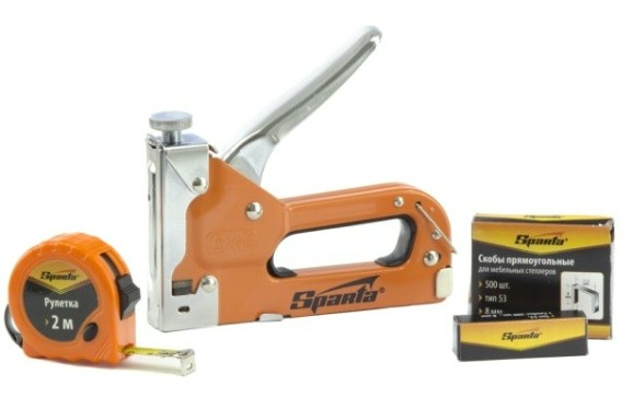 Скобозабиватель ручной Sparta 4-14 мм набор: степлер мебельный регулируемый, 500 шт, рул [42003]
