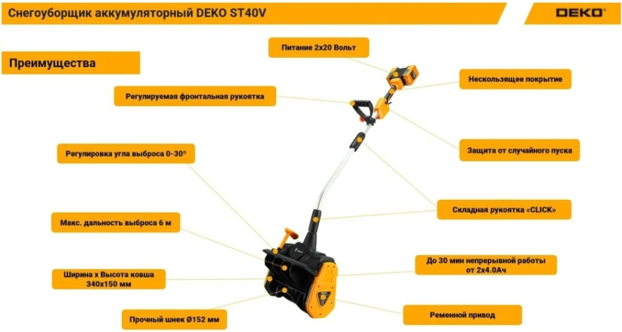 Снегоуборщик (электролопата) аккумуляторный DEKO ST40V [063-4442]