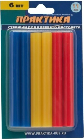Стержень клеевой ПРАКТИКА 11х100 мм клей для пистолета цветные, 3 цвета, 6шт [641-688]