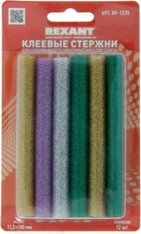 Стержни клеевые REXANT цветные с блестками 11 x100 мм, 12 шт. [09-1235]