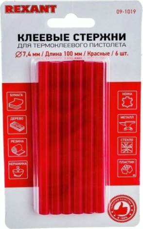 Стержни клеевые REXANT красные 7x100 мм, 6 шт. [09-1019]