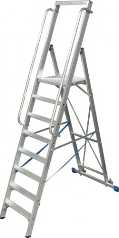 Стремянка алюминиевая KRAUSE STABILO 14 ступеней на роликах с поручнями и большой площадкой [127846]