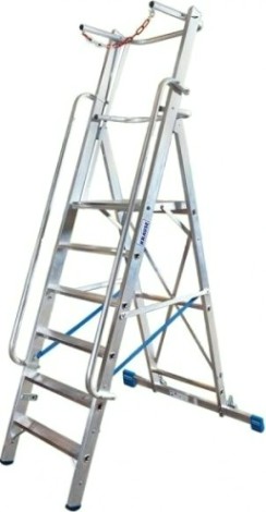 Стремянка алюминиевая KRAUSE STABILO 14 ступеней на роликах, с поручнями и дугой безопасности [127587]