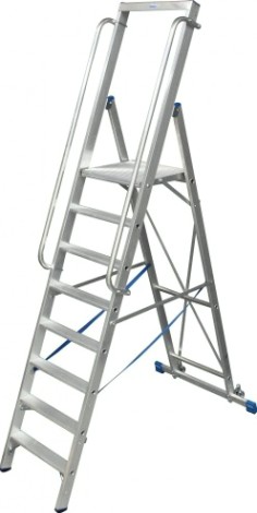 Стремянка алюминиевая KRAUSE STABILO 9 ступеней на роликах с поручнями и большой площадкой [127792]