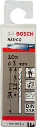 Сверла по металлу BOSCH HSS-CO кобальтовое 1.0 х 12/34 мм (уп.10шт) [2608585872]