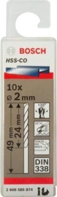 Сверла по металлу BOSCH HSS-CO кобальтовое 2.0 х 24/49 мм (уп.10шт) [2608585874]