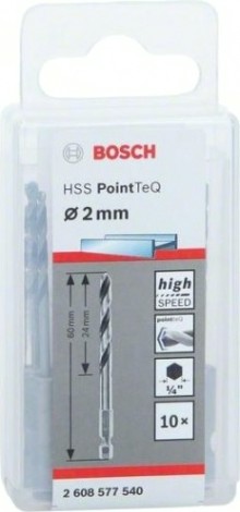 Сверло по металлу BOSCH 2,0 х 24/60 мм, HSS PointTeQ с шестигранным хвостовиком (10шт.) [2608577540]