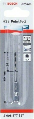 Сверло по металлу BOSCH 2,0 х 24/60 мм, HSS PointTeQ с шестигранным хвостовиком [2608577517]