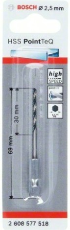 Сверло по металлу BOSCH 2,5 х 30/69 мм, HSS PointTeQ с шестигранным хвостовиком [2608577518]