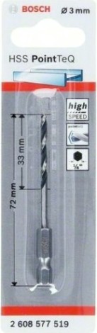 Сверло по металлу BOSCH 3,0 х 33/72 мм, HSS PointTeQ с шестигранным хвостовиком [2608577519]