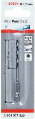 Сверло по металлу BOSCH 3,2 х 36/75 мм, HSS PointTeQ с шестигранным хвостовиком [2608577520]
