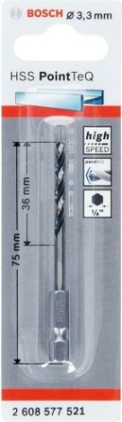 Сверло по металлу BOSCH 3,3 х 36/75 мм, HSS PointTeQ с шестигранным хвостовиком [2608577521]