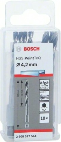 Сверло по металлу BOSCH 4,2 х 43/83 мм, HSS PointTeQ с шестигранным хвостовиком (10шт.) [2608577544]