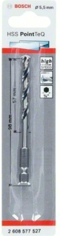 Сверло по металлу BOSCH 5,5 х 57/98 мм, HSS PointTeQ с шестигранным хвостовиком [2608577527]