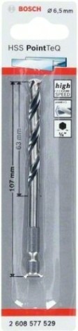 Сверло по металлу BOSCH 6,5 х 63/107 мм, HSS PointTeQ с шестигранным хвостовиком [2608577529]