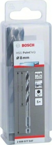 Сверло по металлу BOSCH 8,0 х 75/117 мм, HSS PointTeQ с шестигранным хвостовиком (5шт.) [2608577547]