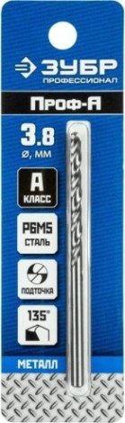 Сверло по металлу ЗУБР ПРОФЕССИОНАЛ 3.8х75мм, сталь р6м5, класс а [29625-3.8]