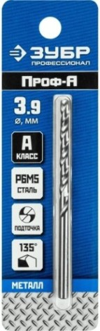 Сверло по металлу ЗУБР ПРОФЕССИОНАЛ 3.9х75мм, сталь р6м5, класс а [29625-3.9]