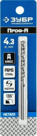 Сверло по металлу ЗУБР ПРОФЕССИОНАЛ 4.3х80мм, сталь р6м5, класс а [29625-4.3]