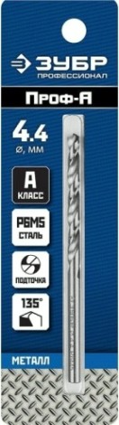 Сверло по металлу ЗУБР ПРОФЕССИОНАЛ 4.4х80мм, сталь р6м5, класс а [29625-4.4]