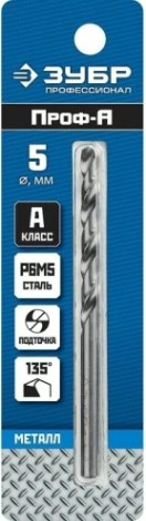 Сверло по металлу ЗУБР ПРОФЕССИОНАЛ 5.0х86мм, сталь р6м5, класс а [29625-5]