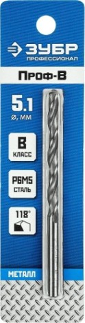 Сверло по металлу ЗУБР ПРОФЕССИОНАЛ 5.1х86мм, сталь р6м5, класс в [29621-5.1]