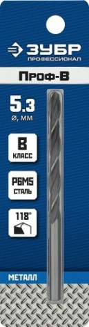 Сверло по металлу ЗУБР ПРОФЕССИОНАЛ 5.3х86мм, сталь р6м5, класс в [29621-5.3]