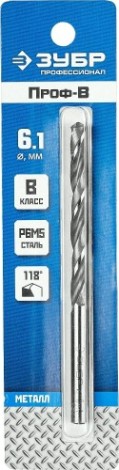 Сверло по металлу ЗУБР ПРОФЕССИОНАЛ 6.1х101мм, сталь р6м5, класс в [29621-6.1]