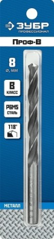 Сверло по металлу ЗУБР ПРОФЕССИОНАЛ 8.0х117мм, сталь р6м5, класс в [29621-8]