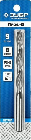 Сверло по металлу ЗУБР ПРОФЕССИОНАЛ 9.0х125мм, сталь р6м5, класс в [29621-9]