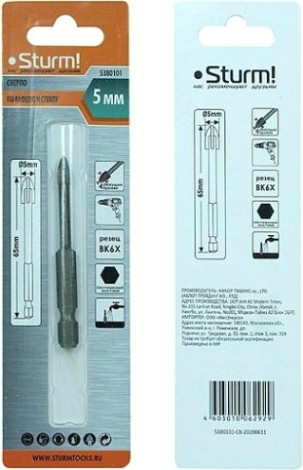 Сверло по стеклу и керамике Sturm 5 380 101 шестигранный хвостовик, 4 грани [5380101]